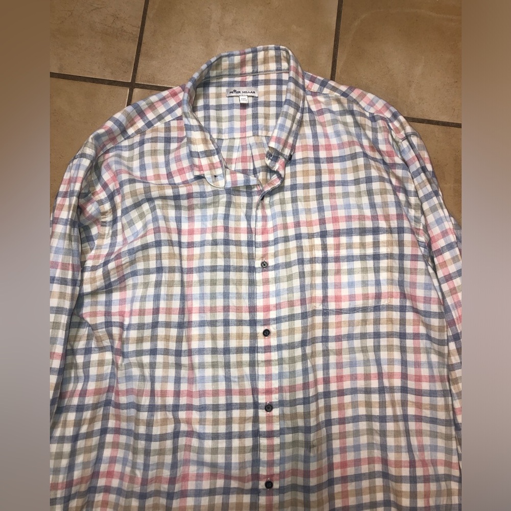 Peter Millar mens XXL long sleeve button shirt checkered plaid business casual